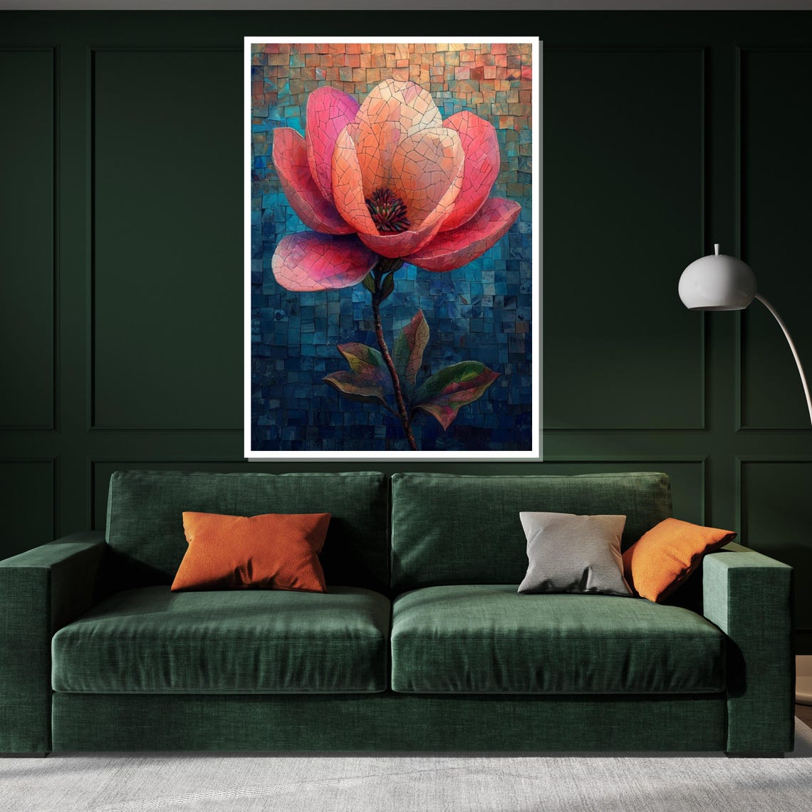 Pink Magnolia Mosaic Art Blue Background Floral Design Poster - Image 3