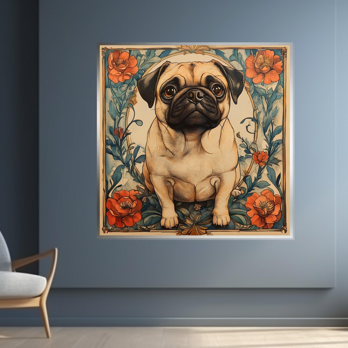 Pug Puppy In Art Nouveau Floral Frame Adorable Dog Portrait Poster - Image 4