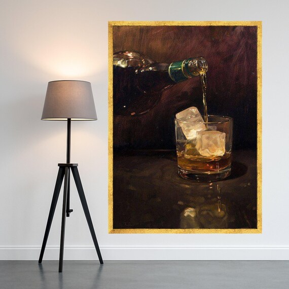 Whiskey Pour On The Rocks Oil Painting Dark Bar Decor Poster