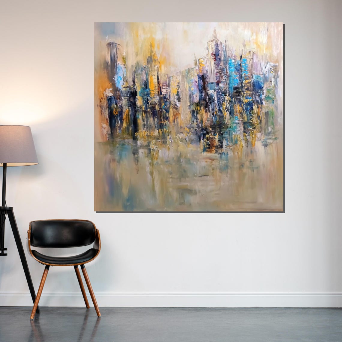 Soft Abstract Cityscape Water Reflection Muted Blue Beige Print - Image 2