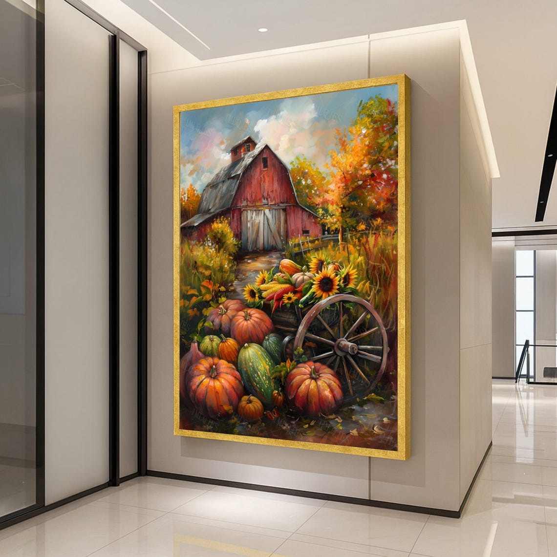 Red Barn Harvest Pumpkins Sunflowers Rustic Autumn Farm Art Poster