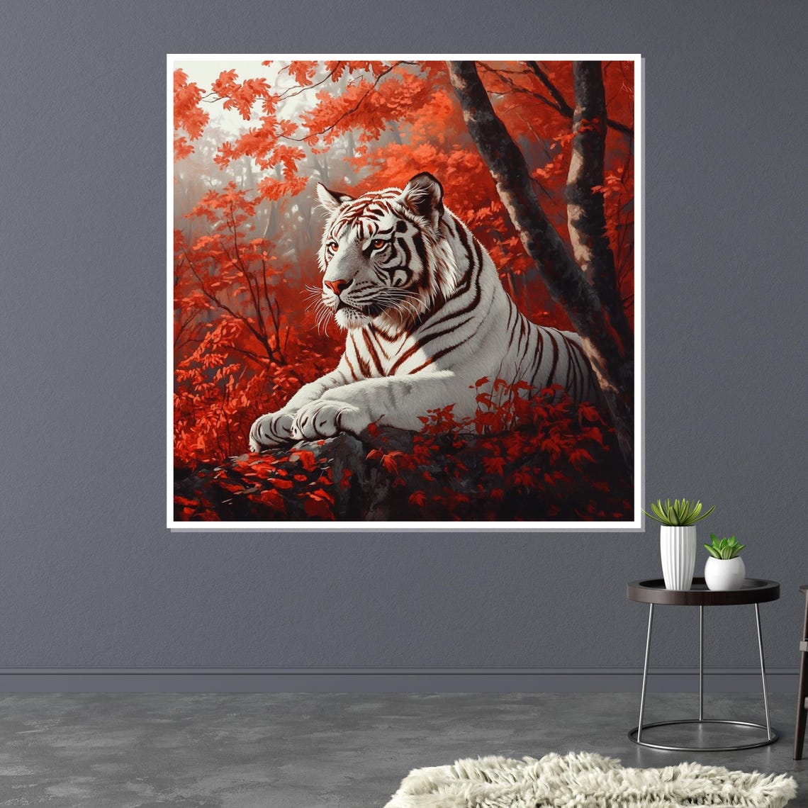 White Tiger Resting Red Autumn Forest Regal Big Cat Art Poster - Image 3