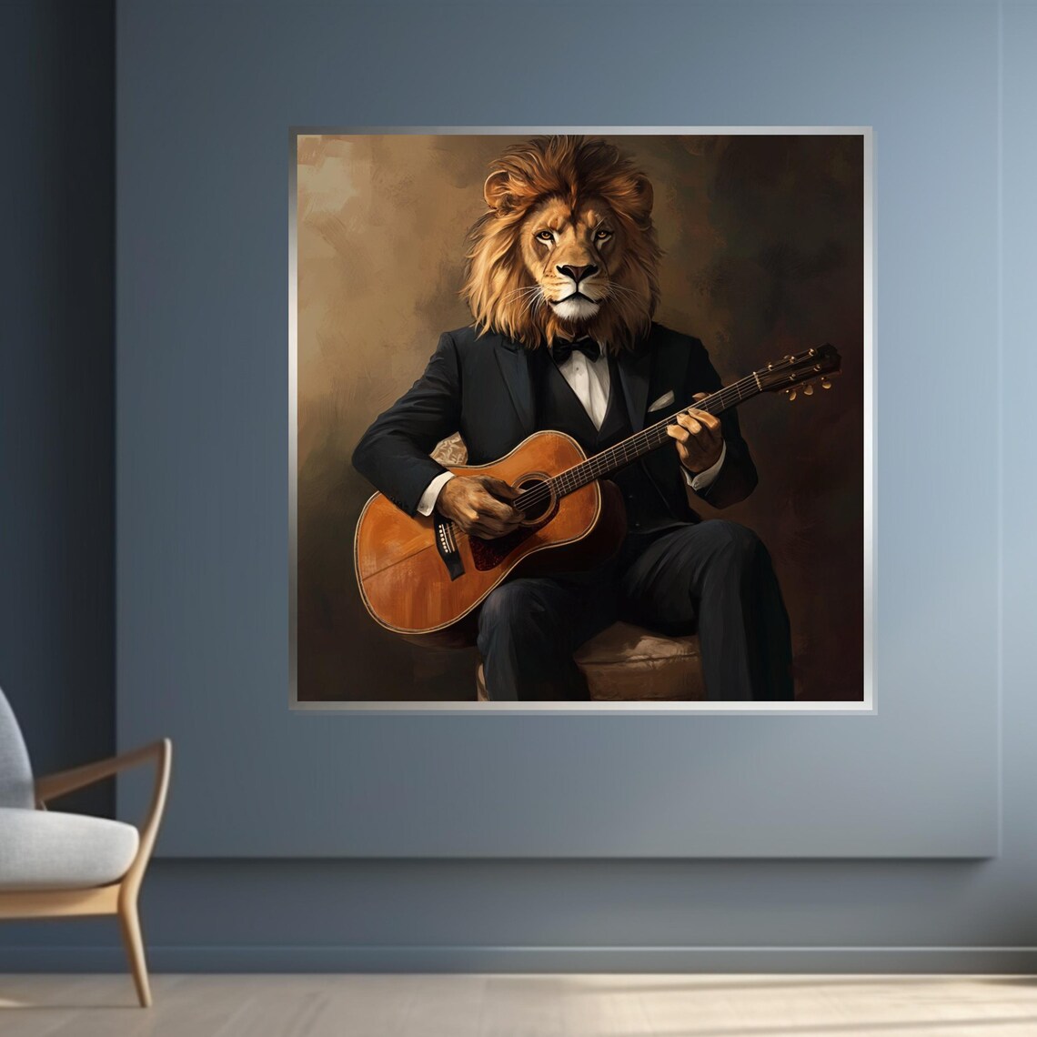 Lion in Tuxedo Playing Guitar Funny Whimsical Animal Portrait Poster - Image 4