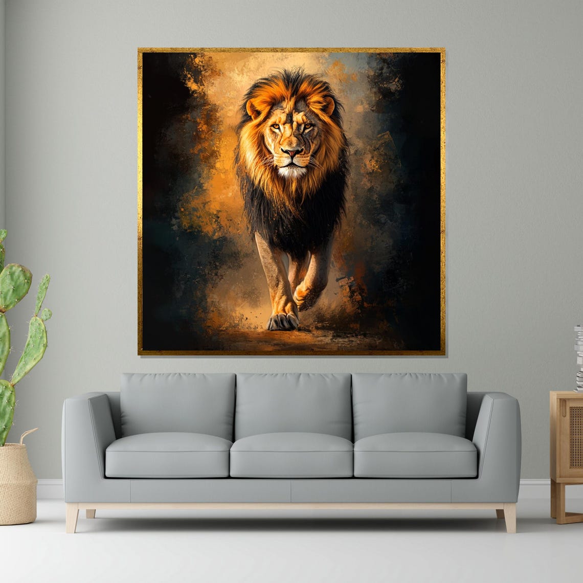 Lion Walking Forward Darkness Dramatic Gold Wildlife Art Poster