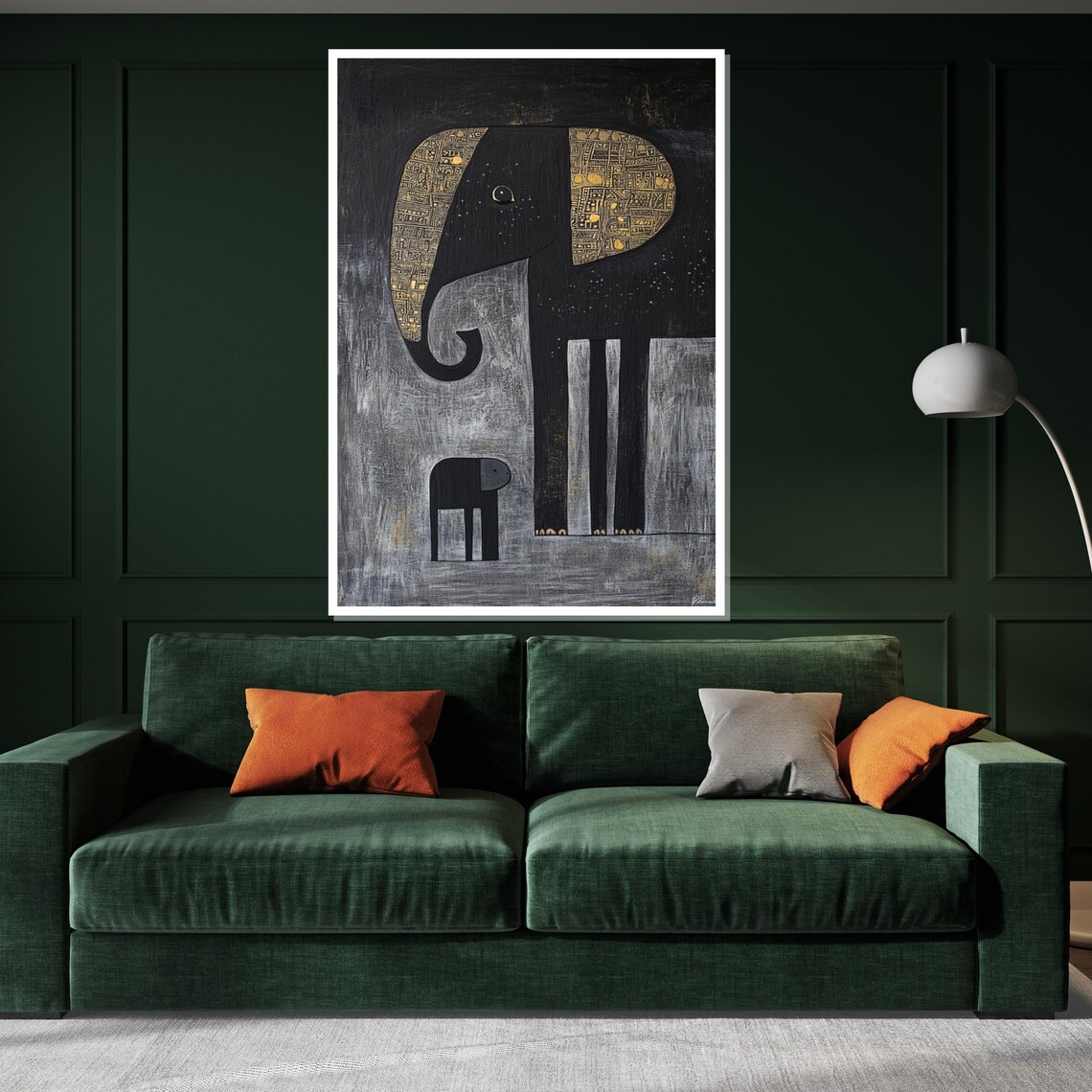 Elephant Mother Baby Black Gold Naif Style Tender Family Wall Art - Image 3