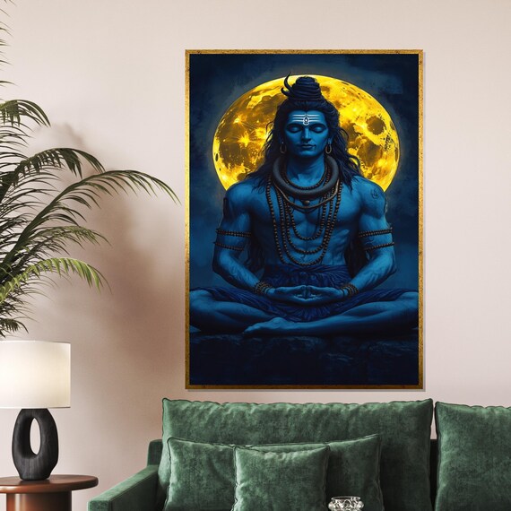 Lord Shiva Meditating Under Golden Full Moon Divine Art Poster