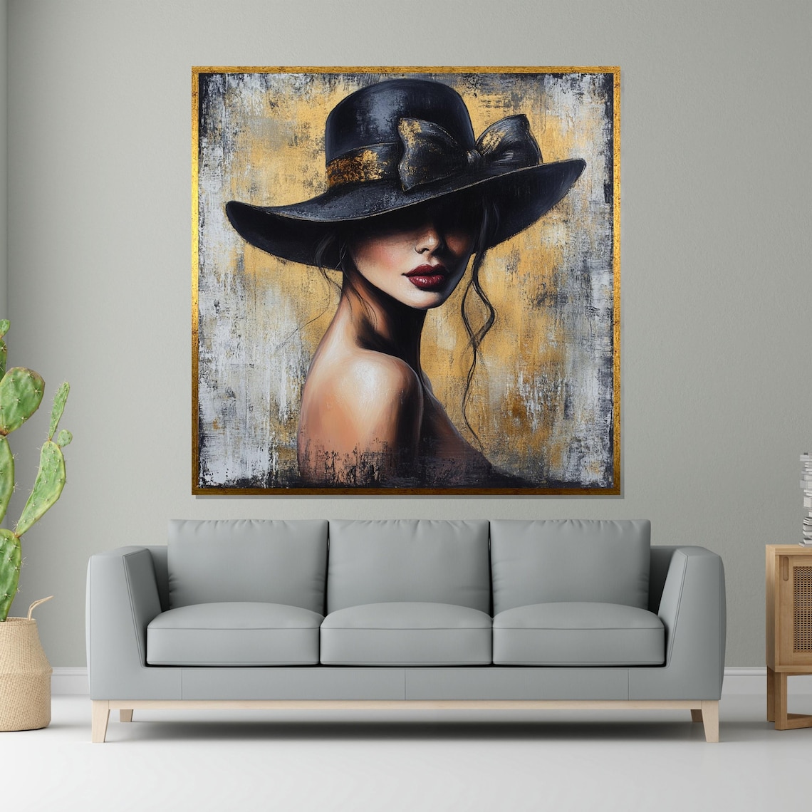 Mysterious Woman Black Bow Hat Gold Abstract Fashion Portrait Art Poster