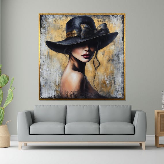 Elegant Woman In Hat Canvas Fashion Wall Art Mysterious Lady Print Design Ready To Hang Decor Modern Portrait