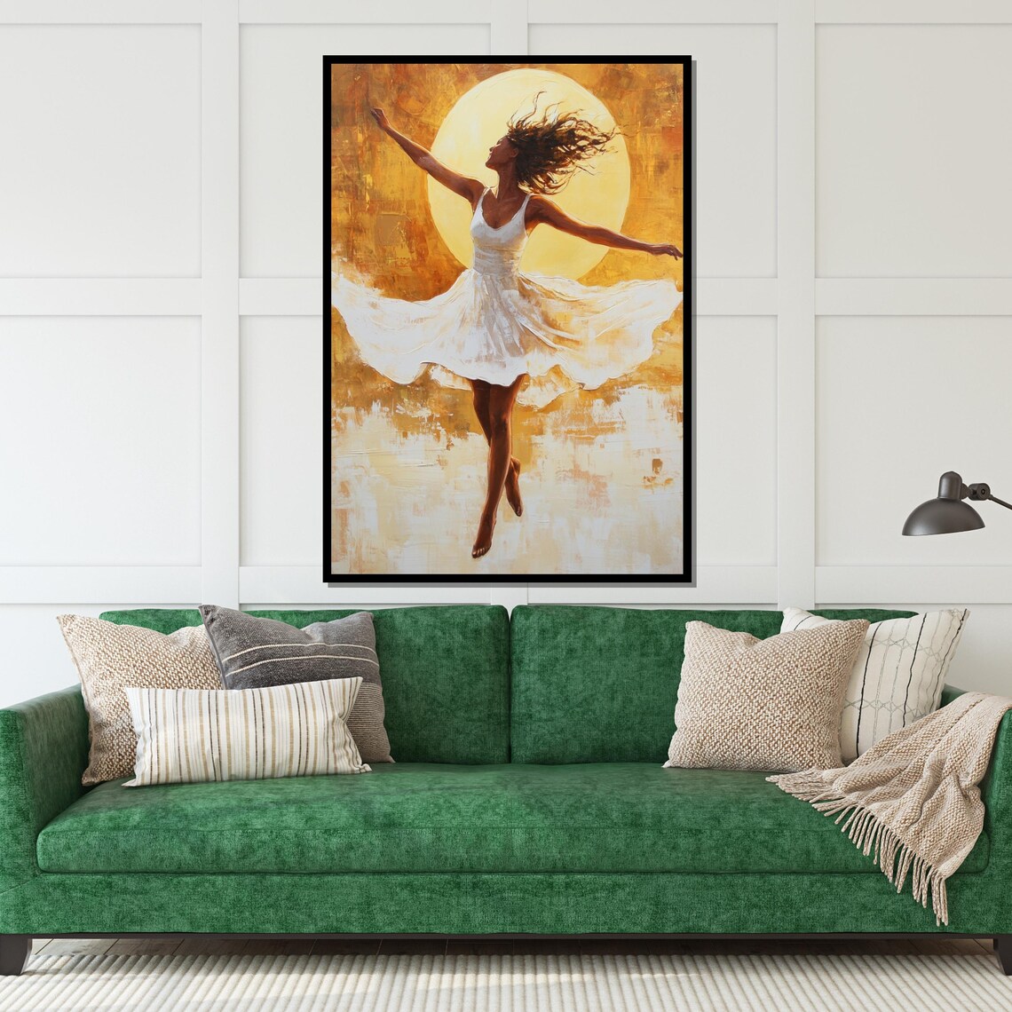 Woman White Dress Dancing Before Radiant Golden Sun Art Poster - Image 5