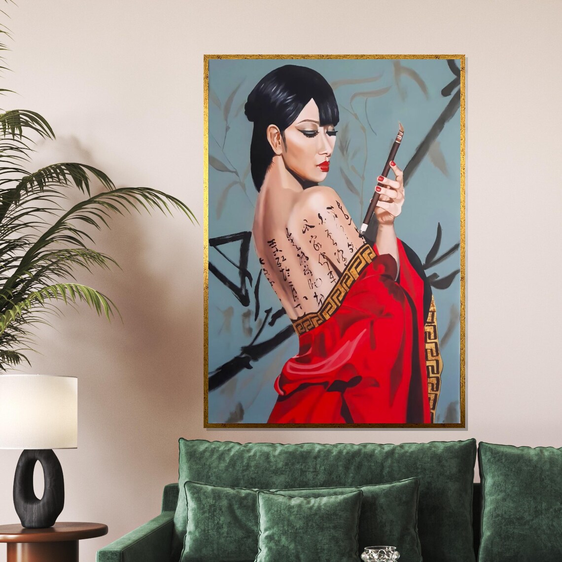 Geisha Beauty In Red Kimono With Calligraphy Bamboo Elegance Poster