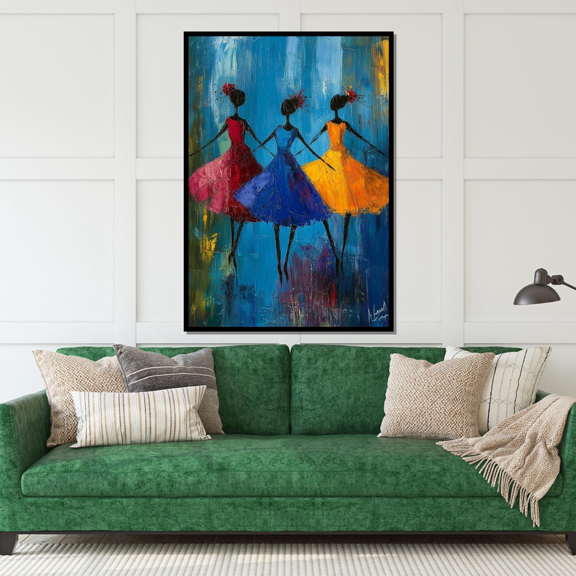 Three Dancing Women Colorful Dresses Blue Background Joyful Art Poster - Image 5