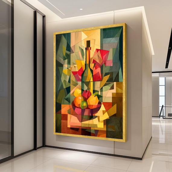 Cubist Fruit Bowl and Wine Bottle Geometric Still Life Poster