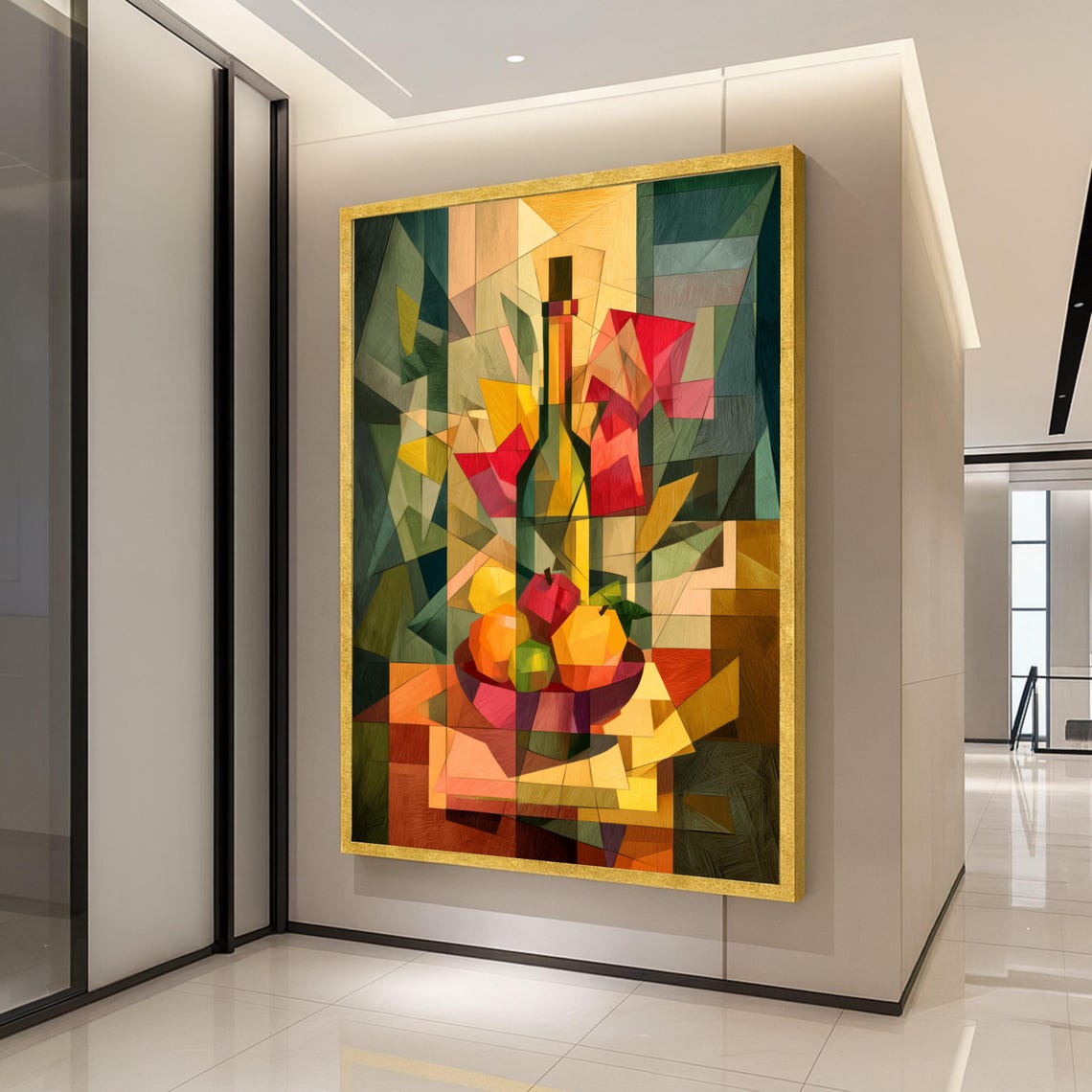 Cubist Fruit Bowl and Wine Bottle Geometric Still Life Poster