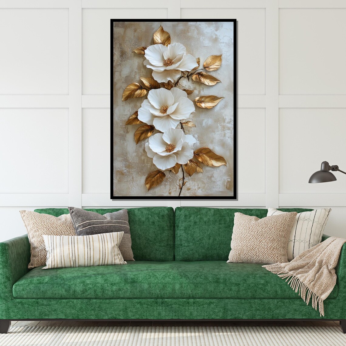 White Floral Elegance, Gold Leaf Botanical Art Print - Image 5