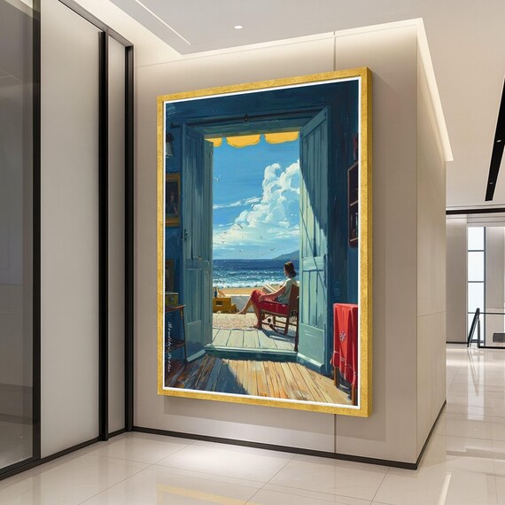 Ocean Doorway Beach View Woman Relaxing Coastal Painting Wall Art