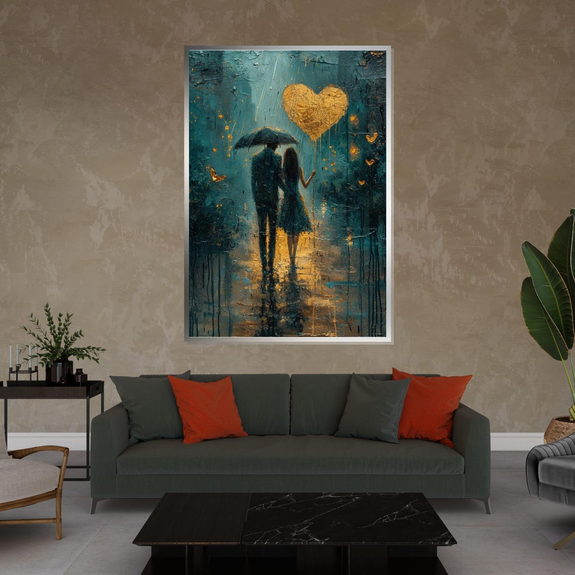 Couple Under Umbrella With Golden Heart Balloon Rainy Stroll Poster - Image 4
