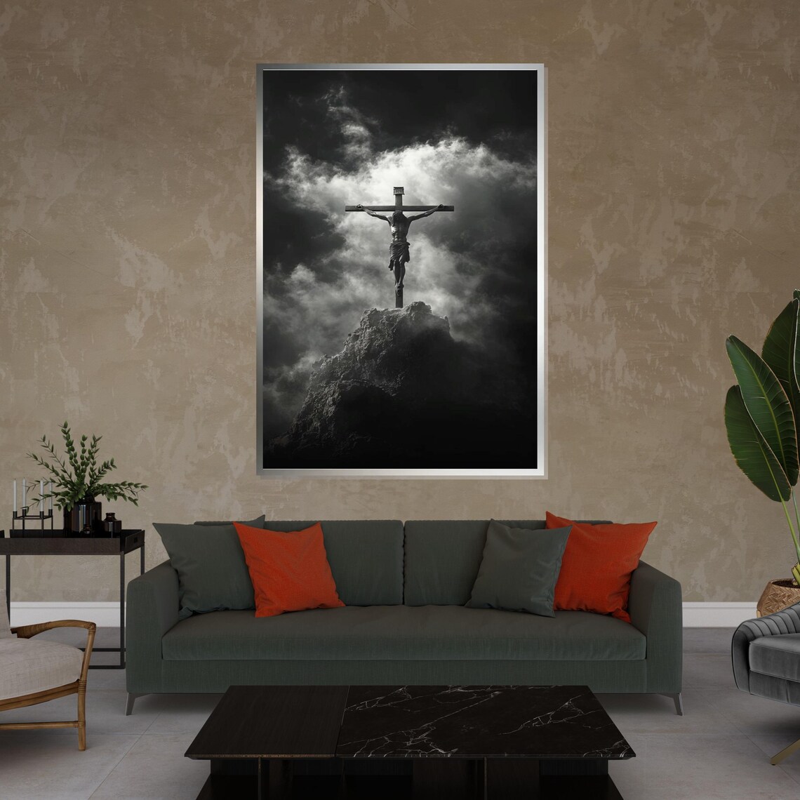 Crucifixion Of Jesus Black And White Dramatic Sky Christian Wall Art - Image 4