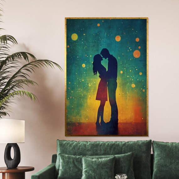 Romantic Couple Silhouette Kissing Starry Night Bokeh Romance Poster