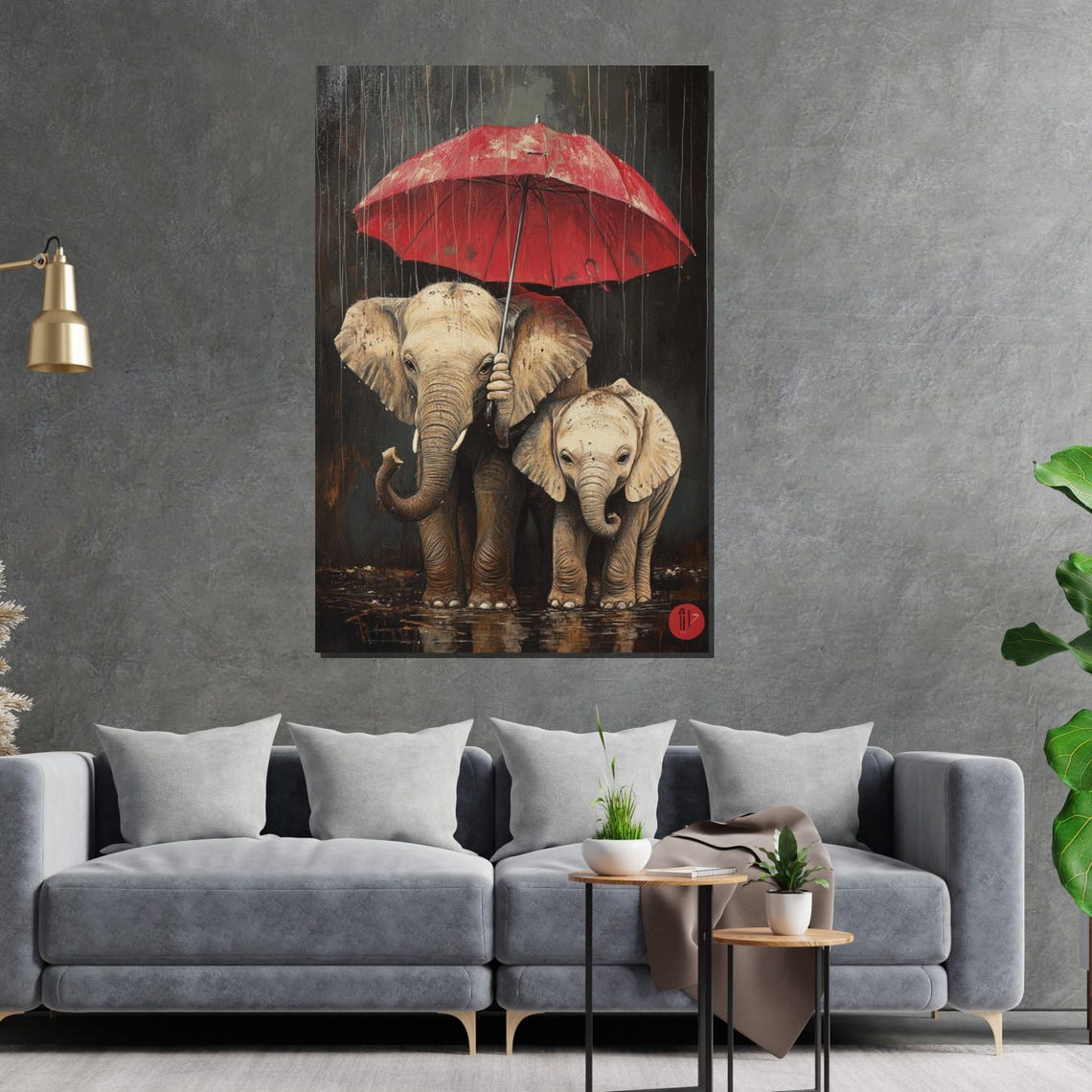 Mother and Baby Elephant with Red Umbrella Rainy Day Art Poster - Image 2