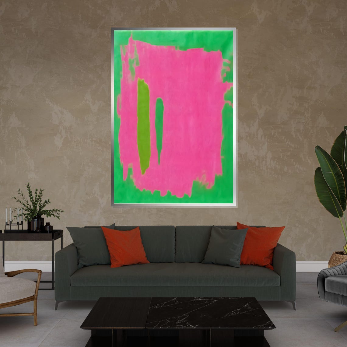 Vibrant Pink and Green Color Field Abstract Modern Art Poster - Image 4