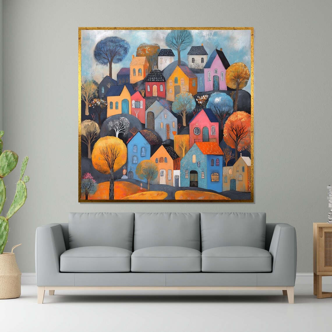 Whimsical Colorful Village Houses Hillside Folk Art Decor Poster