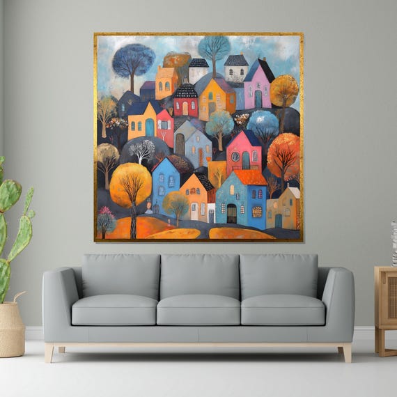 Colorful Village Art Whimsical Houses Wall Art Fantasy Landscape Print Wall Art Design Ready To Hang Home Decor