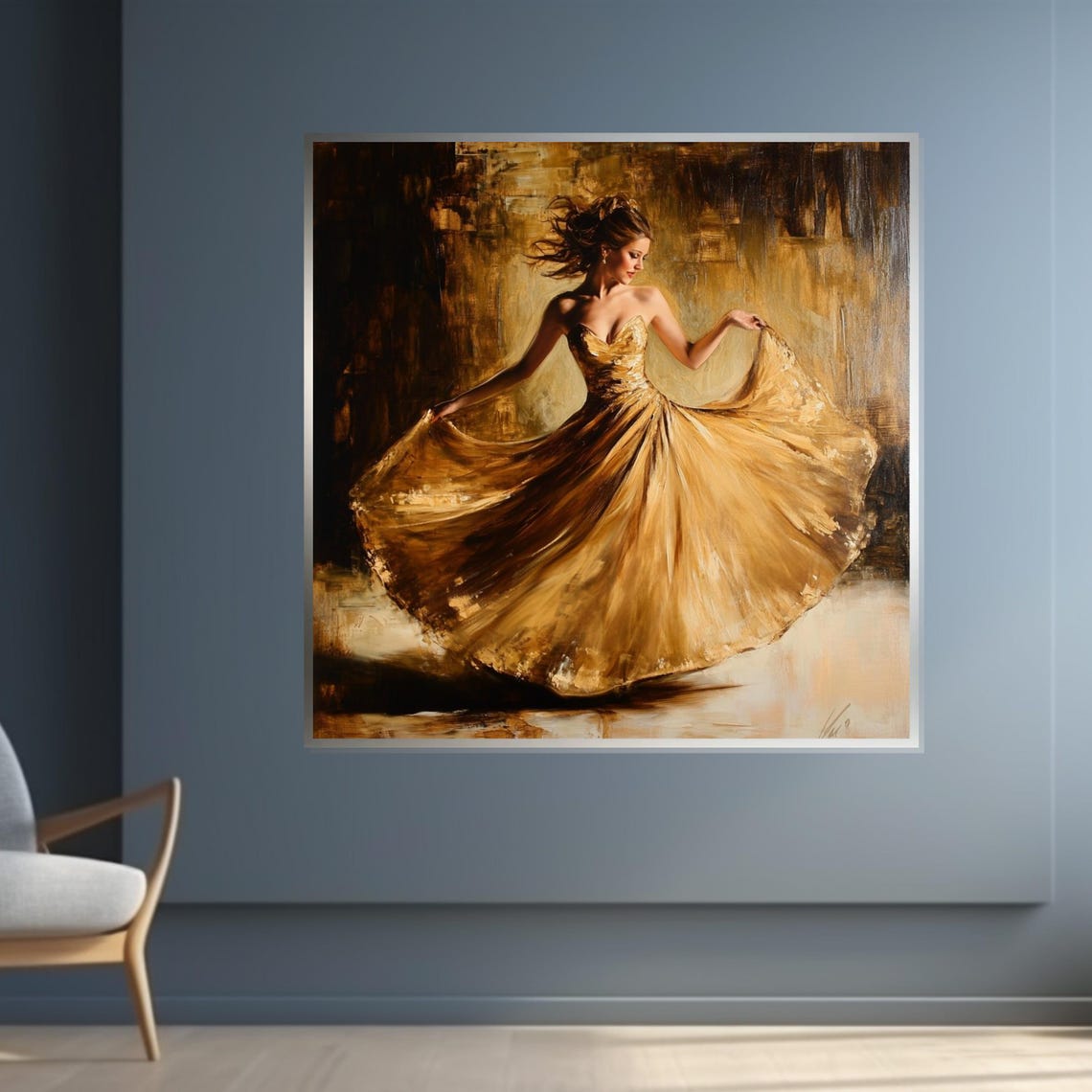 Golden Dancer Elegant Woman Twirling in a Shimmering Gold Gown Poster - Image 4