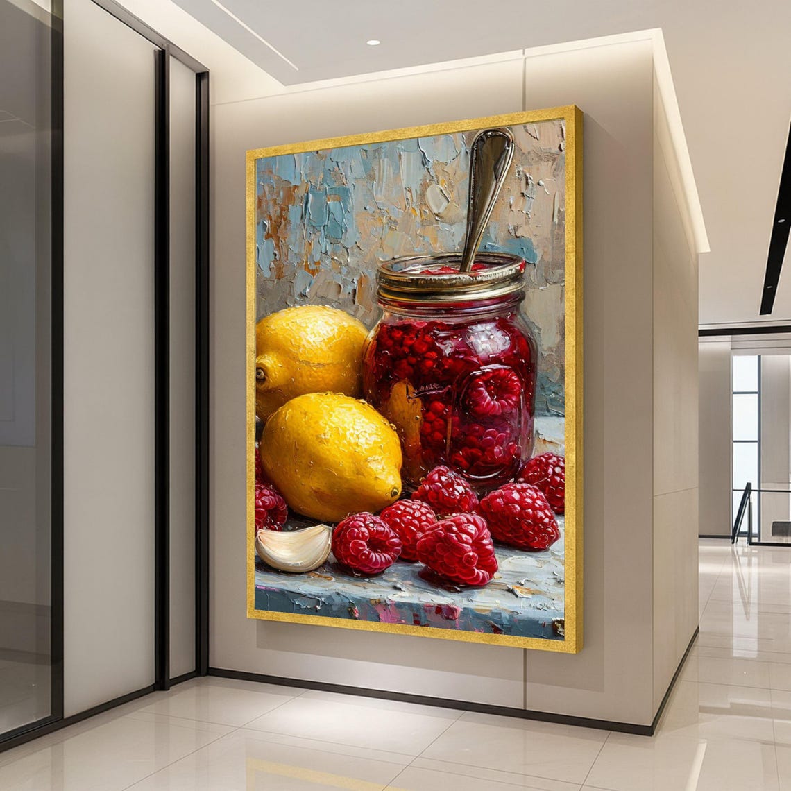 Raspberry Jam Jar Lemons Still Life Impasto Kitchen Art Poster