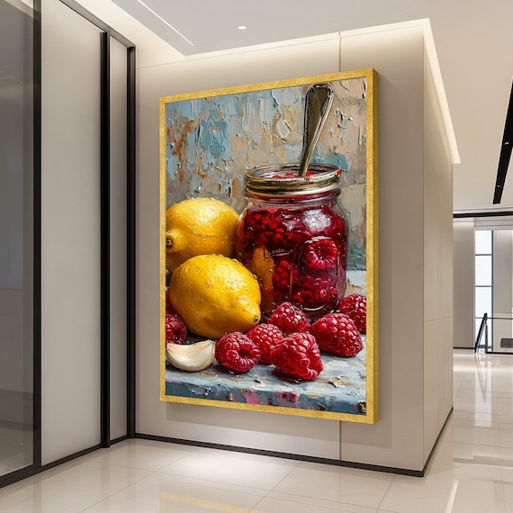 Raspberry Jam Jar Lemons Still Life Impasto Kitchen Art Poster