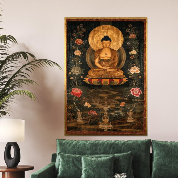 Golden Seated Buddha Lotus Blossom Dark Botanical Asian Poster