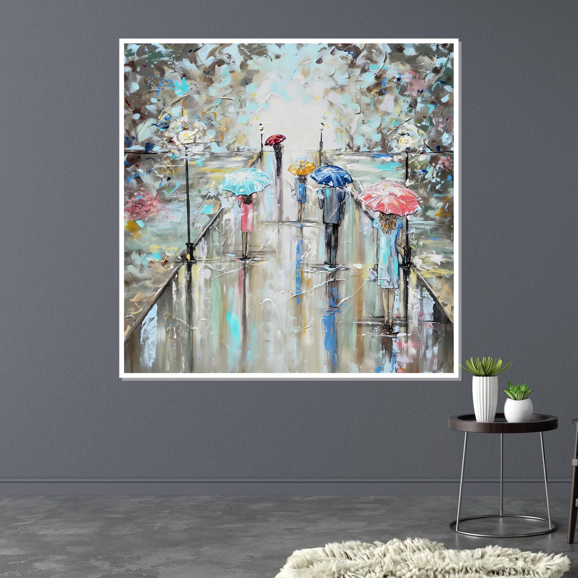 Rainy Day Colorful Umbrella Walkway Impressionist City Scene Poster - Image 3