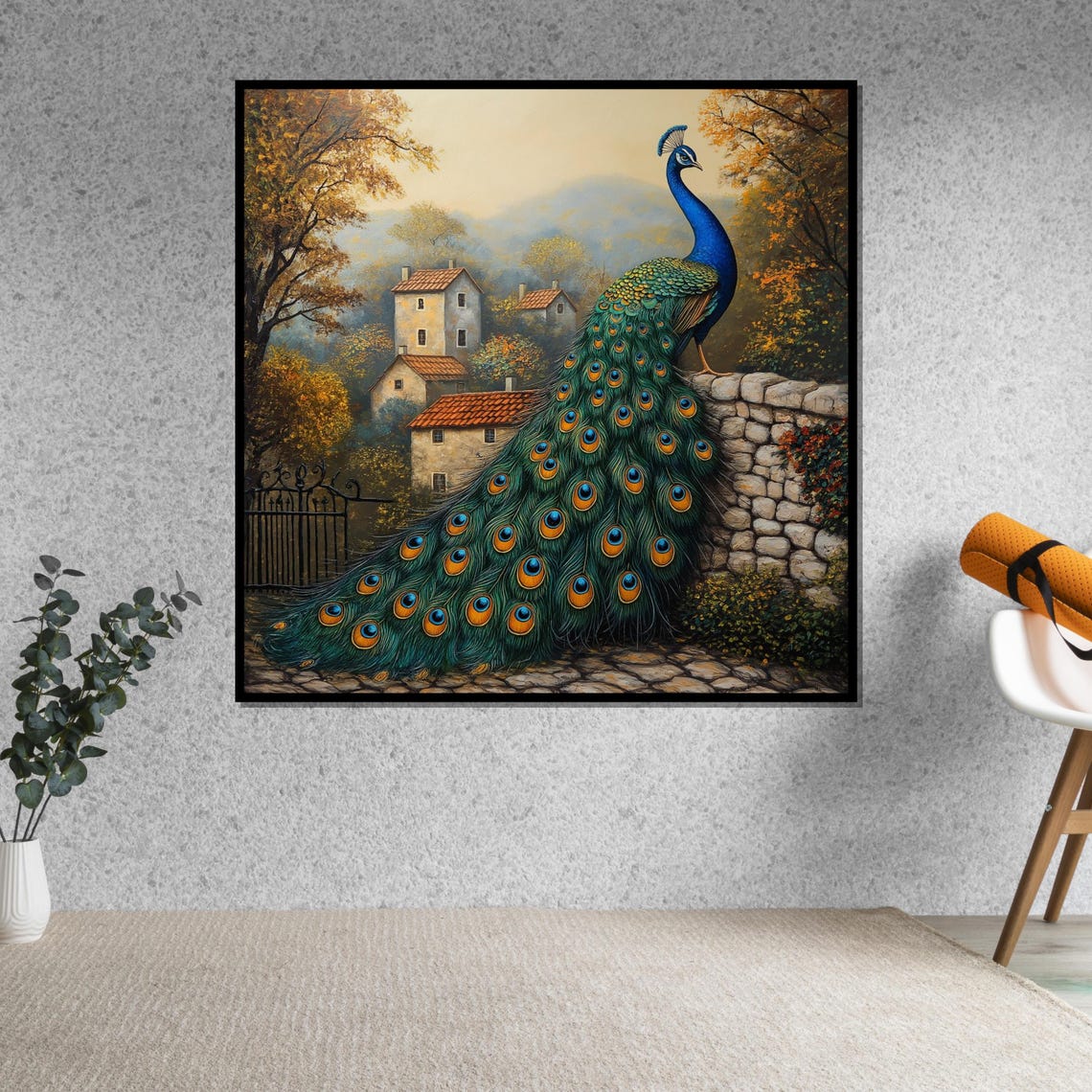 Peacock On Stone Wall Overlooking Tuscan Village Scenic Art Poster - Image 5