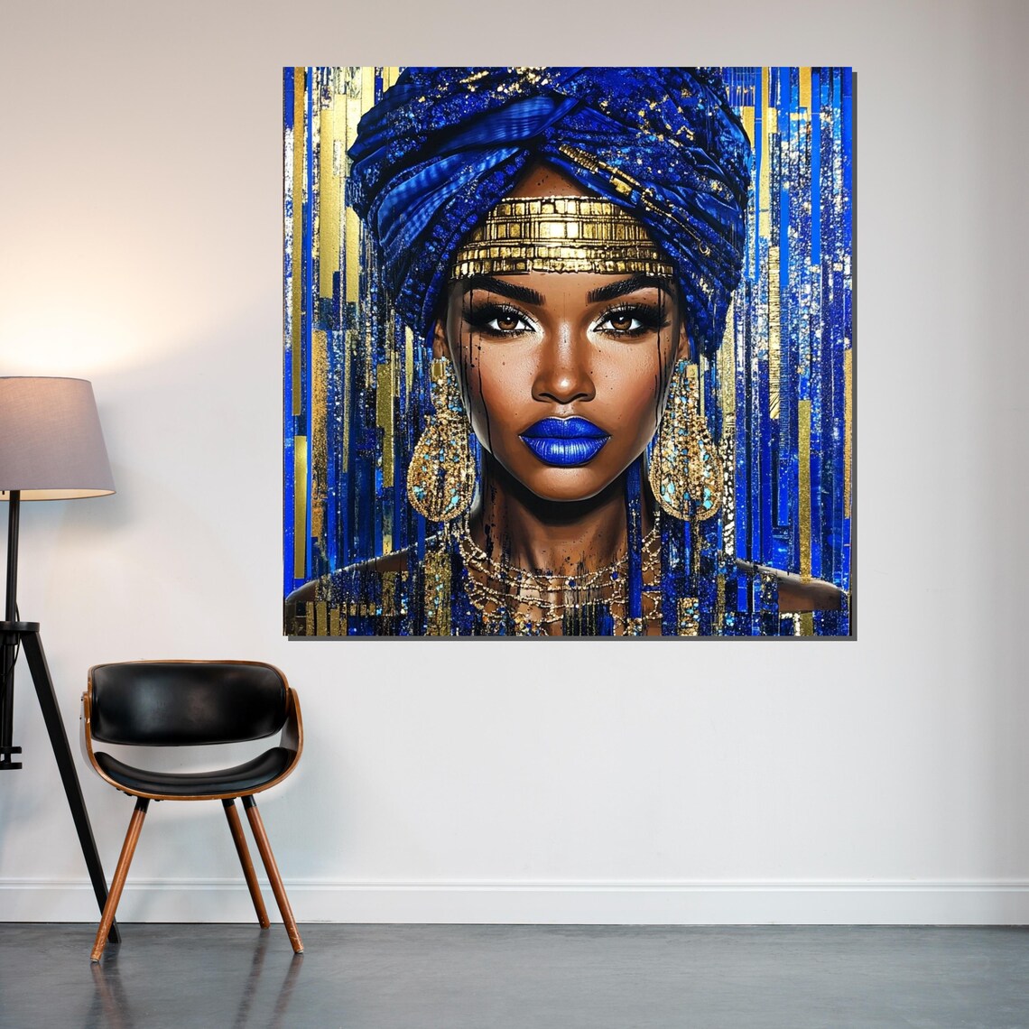Blue And Gold African Queen Portrait Regal Headwrap Elegant Wall Art - Image 2