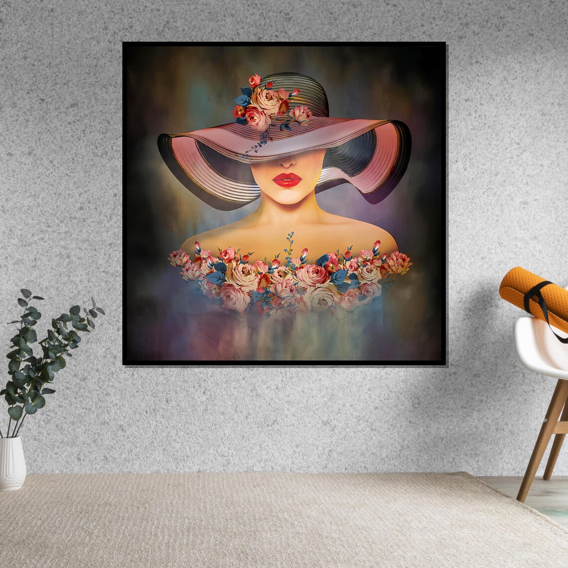 Woman in Striped Floral Hat Dreamy Painted Rose Portrait Poster - Image 5