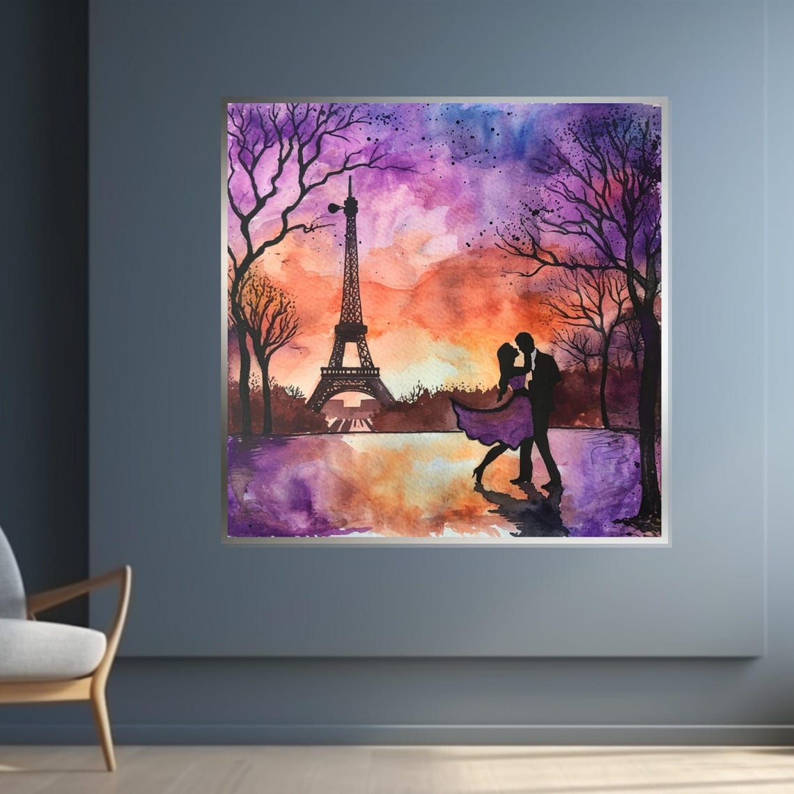 Paris Lovers Eiffel Tower Sunset Watercolor Romantic Kiss Poster - Image 4