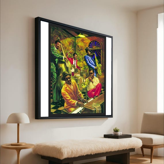 Vibrant Jazz Band Canvas Wall Art Retro Musician Painting Colorful Vintage Scene Musical Instruments Decor Home Ready To Hang