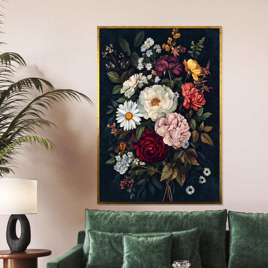 Moody Dark Floral Bouquet Black Background Elegant Art Poster