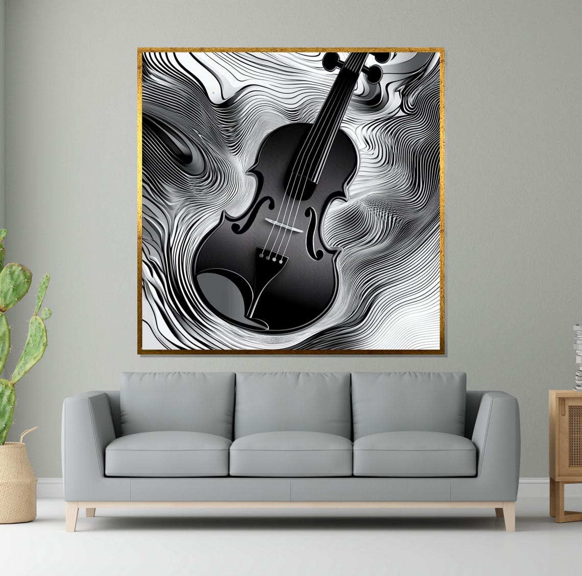 Black Violin on Swirling Monochrome Line Art Modern Music Poster