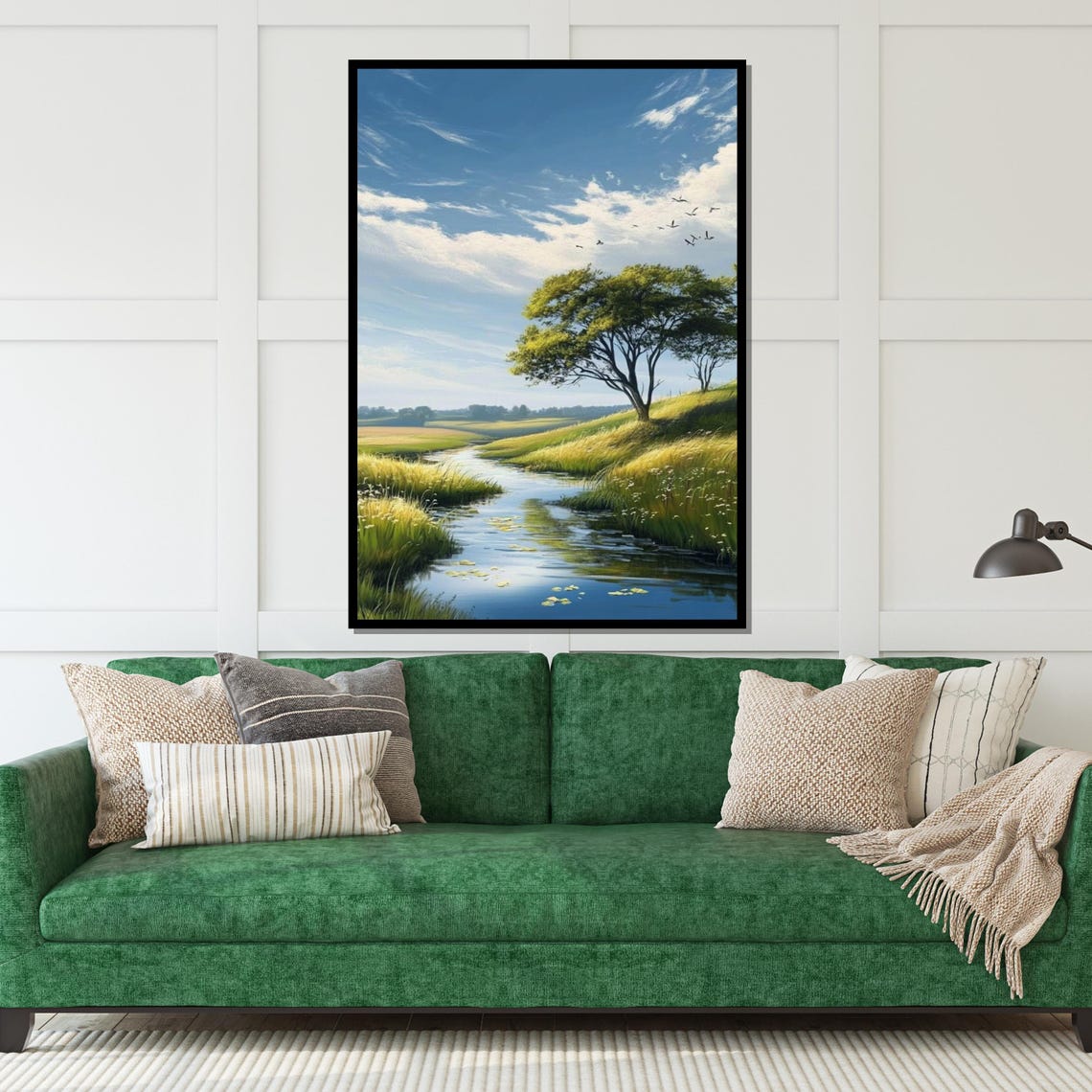 Tranquil River Meadow With Lone Tree and Birds Nature Poster - Image 5