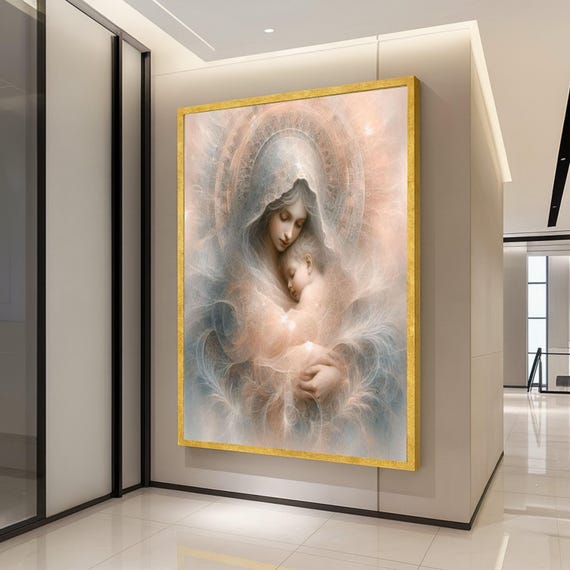 Ethereal Mother And Child Canvas Angelic Embrace Wall Art Spiritual Family Portrait Soft Pastel Nursery Decor Ready To Hang