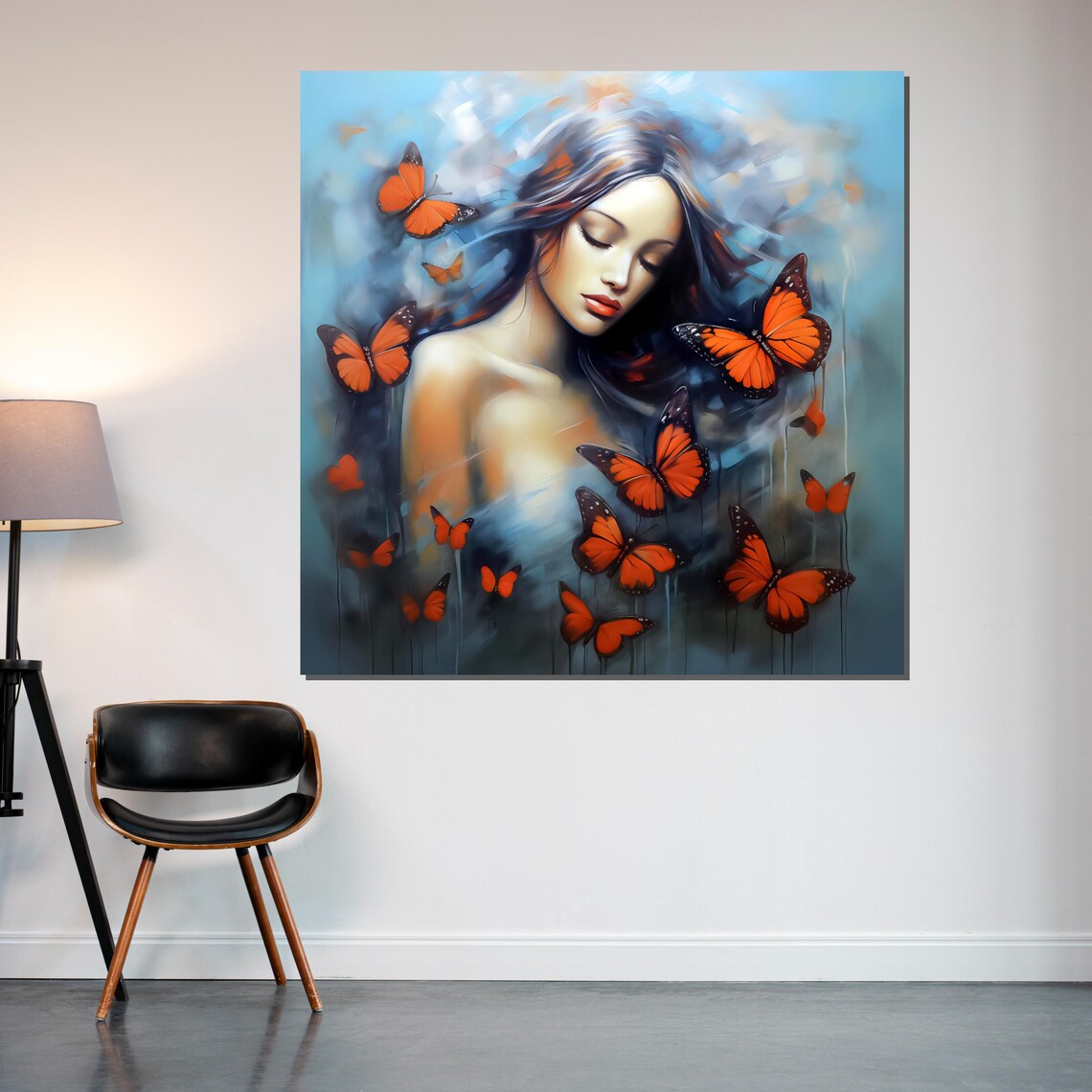 Serene Woman Surrounded By Monarch Butterflies Blue Dreamy Art Poster - Image 2