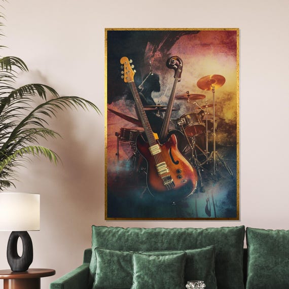 Musical Fusion Art Electric Guitar Drums Print Music Wall Art Band Instrument Decor Wall Art Design Ready To Hang