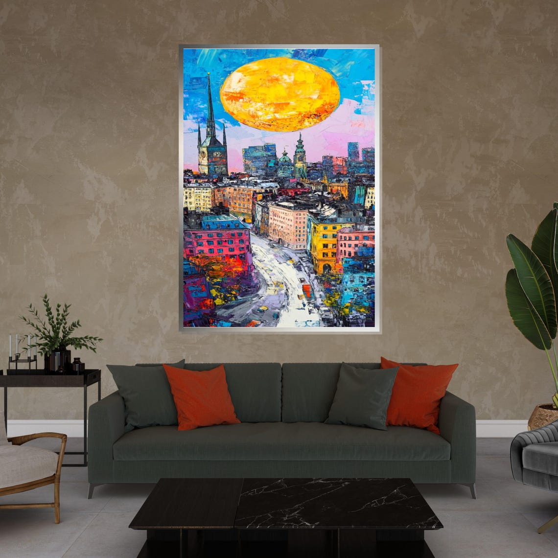 Colorful Cityscape Big Yellow Sun Church Spire Urban Art Poster - Image 4