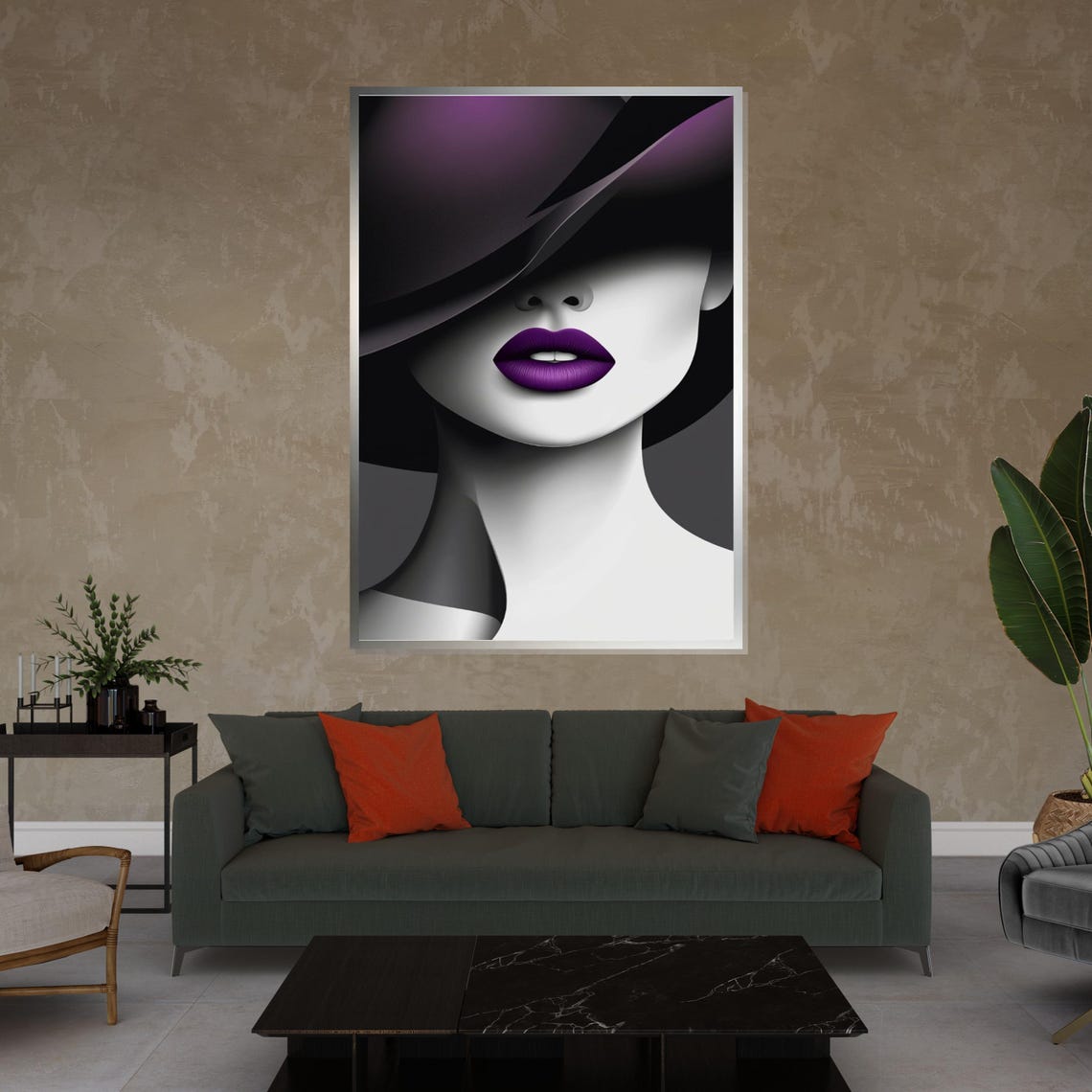 Monochrome Lady With Purple Hat And Bold Purple Lips Chic Style Poster - Image 3
