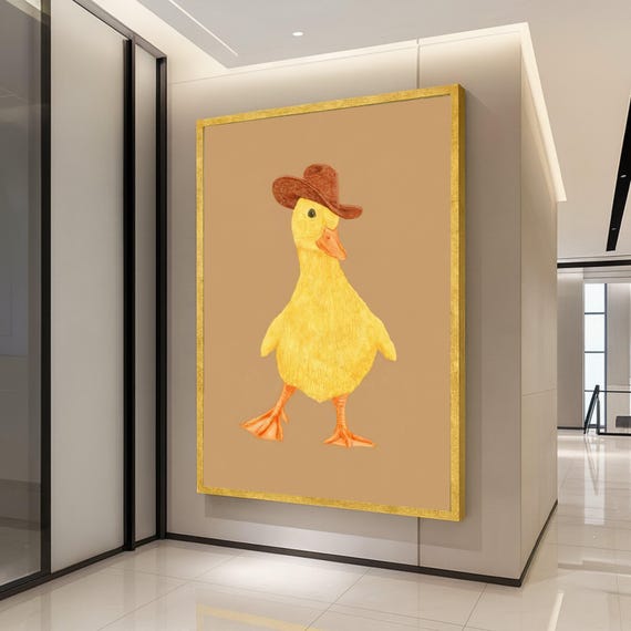 Cute Yellow Duckling With Cowboy Hat Canvas Whimsical Animal Wall Art Nursery Decor Farmhouse Style Fun Kids Room Ready To Hang