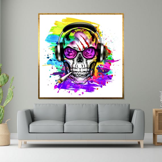 Colorful Skull Skull With Headphones Art Multicolor Skull Wall Print Music Skull Art Wall Art Design Ready To Hang