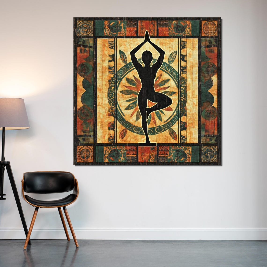 Tree Pose Yoga Woman Silhouette Warm Mosaic Mural Style Poster - Image 2