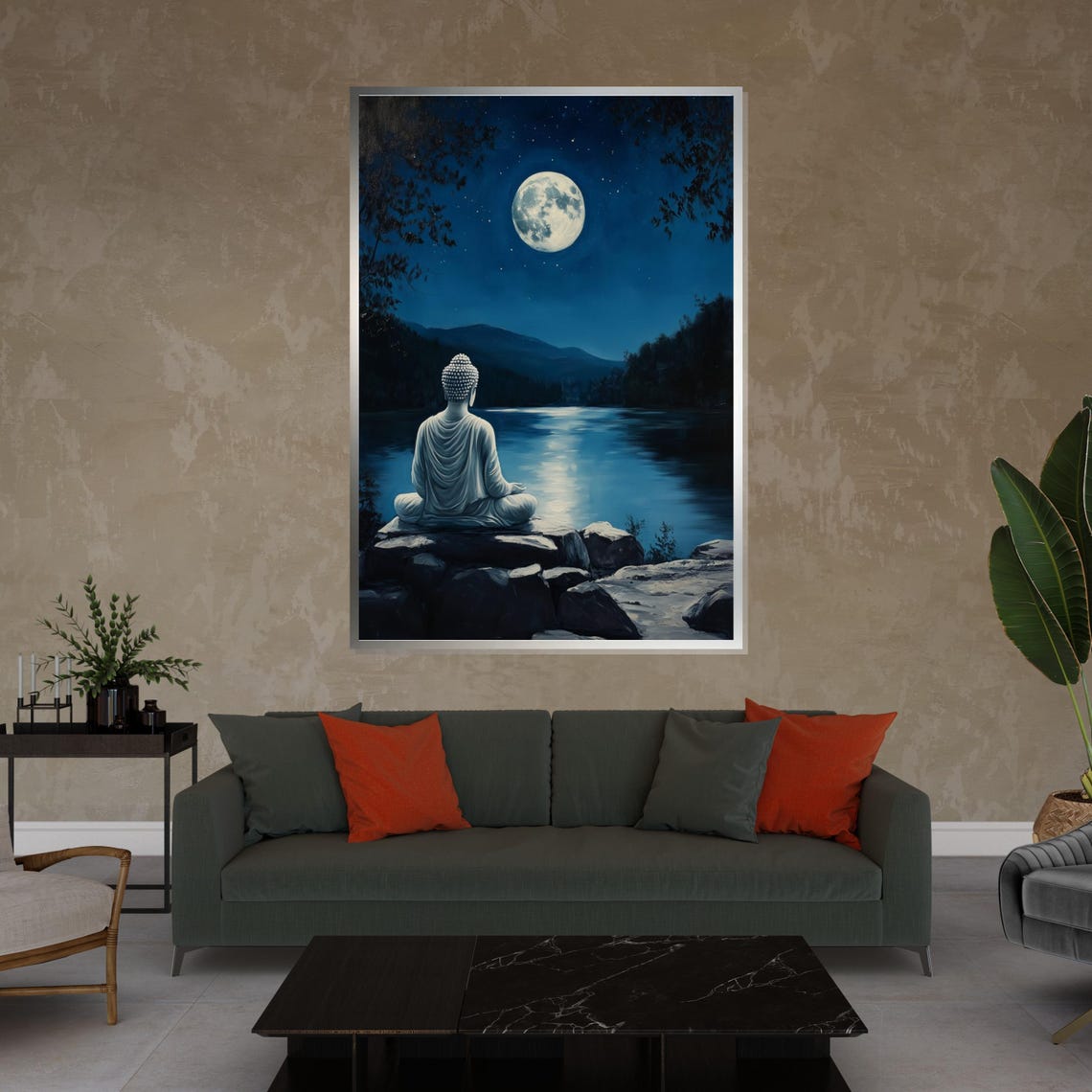 Buddha Meditating Moonlit Lake Night Mountain Serenity Poster - Image 4