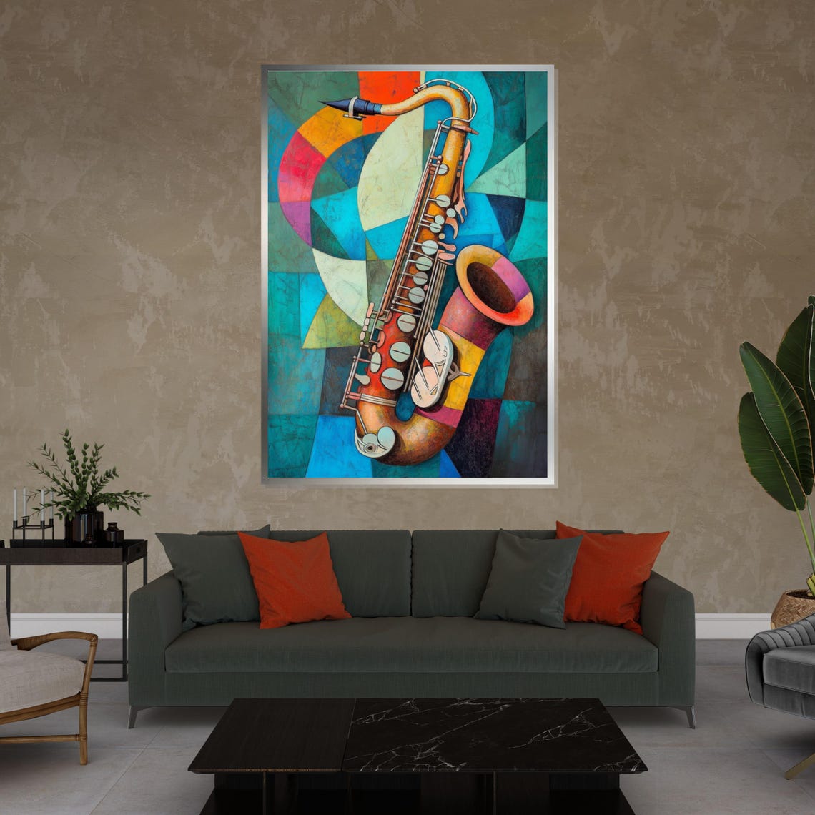 Colorful Cubist Saxophone Teal Gold Geometric Bold Modern Jazz Poster - Image 4