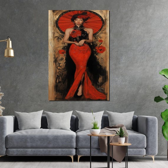 Elegant Lady In Red Oriental Glamour Wall Art Design Modern Framed Art Ready To Hang Decoration